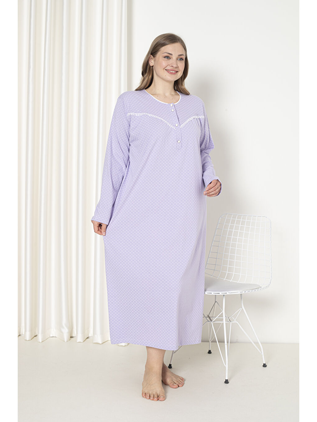 Lila %100 Pamuklu Penye Uzun Kol Büyük Beden Anne Geceliği 052-1
