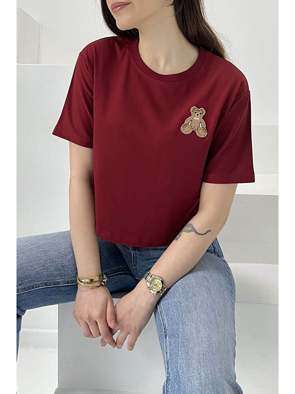 Ayıcık Nakışlı Kısa Kollu T-Şhirt Bordo - 27030-2