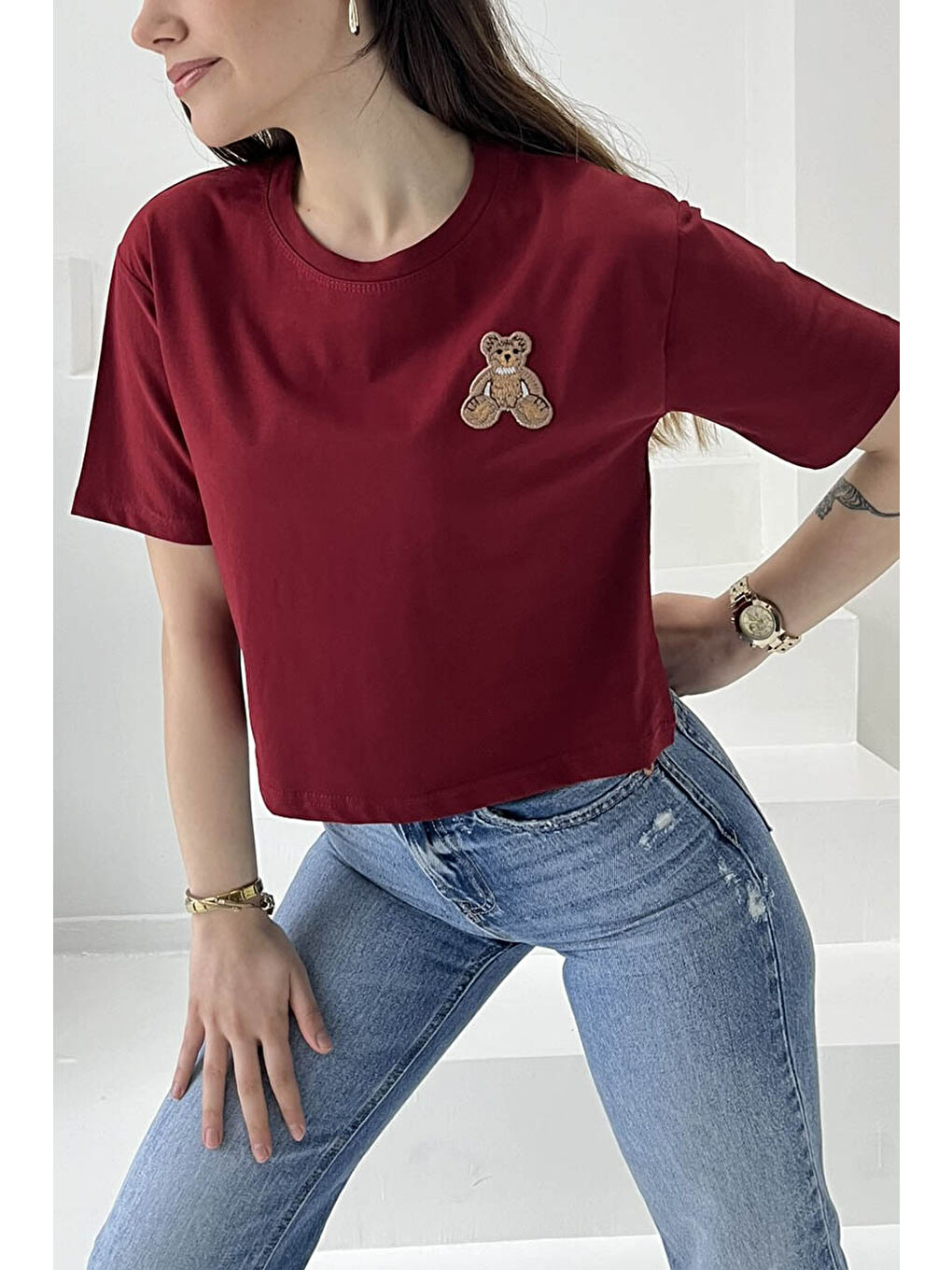 Ayıcık Nakışlı Kısa Kollu T-Şhirt Bordo - 27030-3