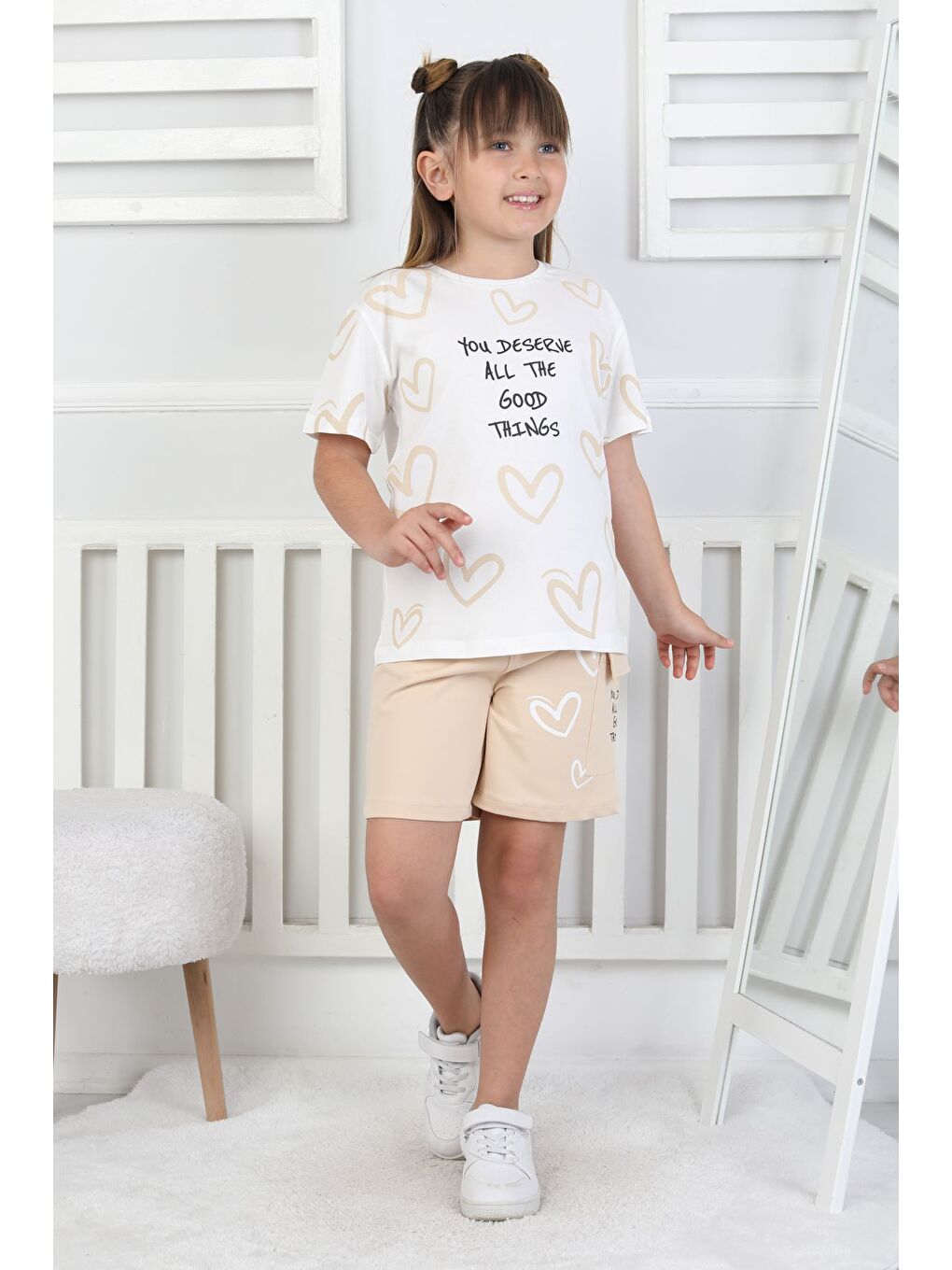 Bej Good Things Kalp Desenli Kız Çocuk Üst Süprem Alt 2 İp Şort Takım-5
