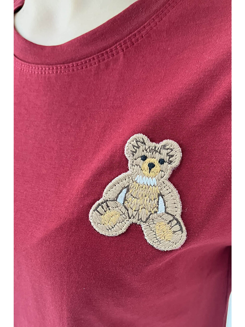 Ayıcık Nakışlı Kısa Kollu T-Şhirt Bordo - 27030-4