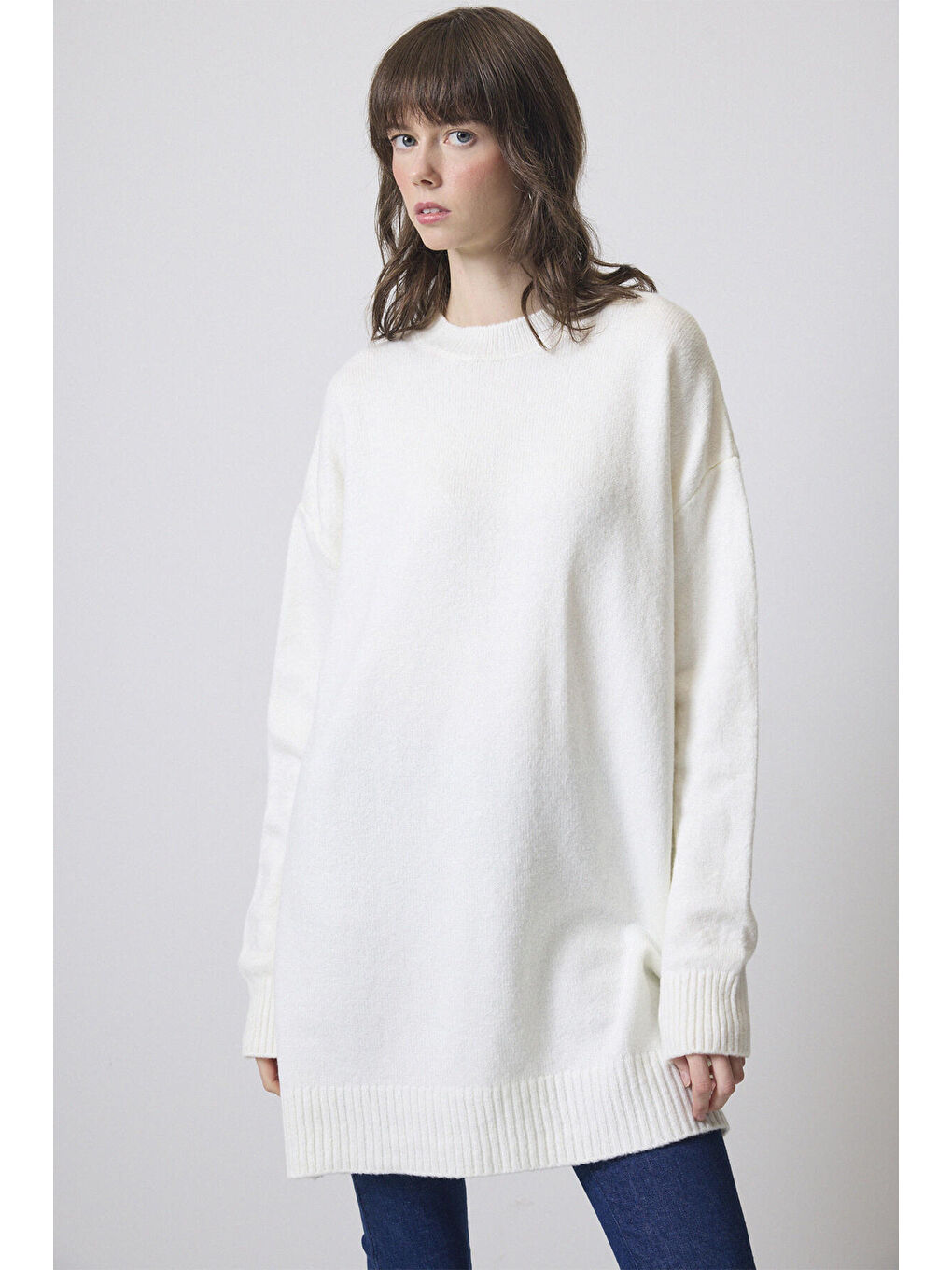 Ekru Düz Renk Triko Kazak-1