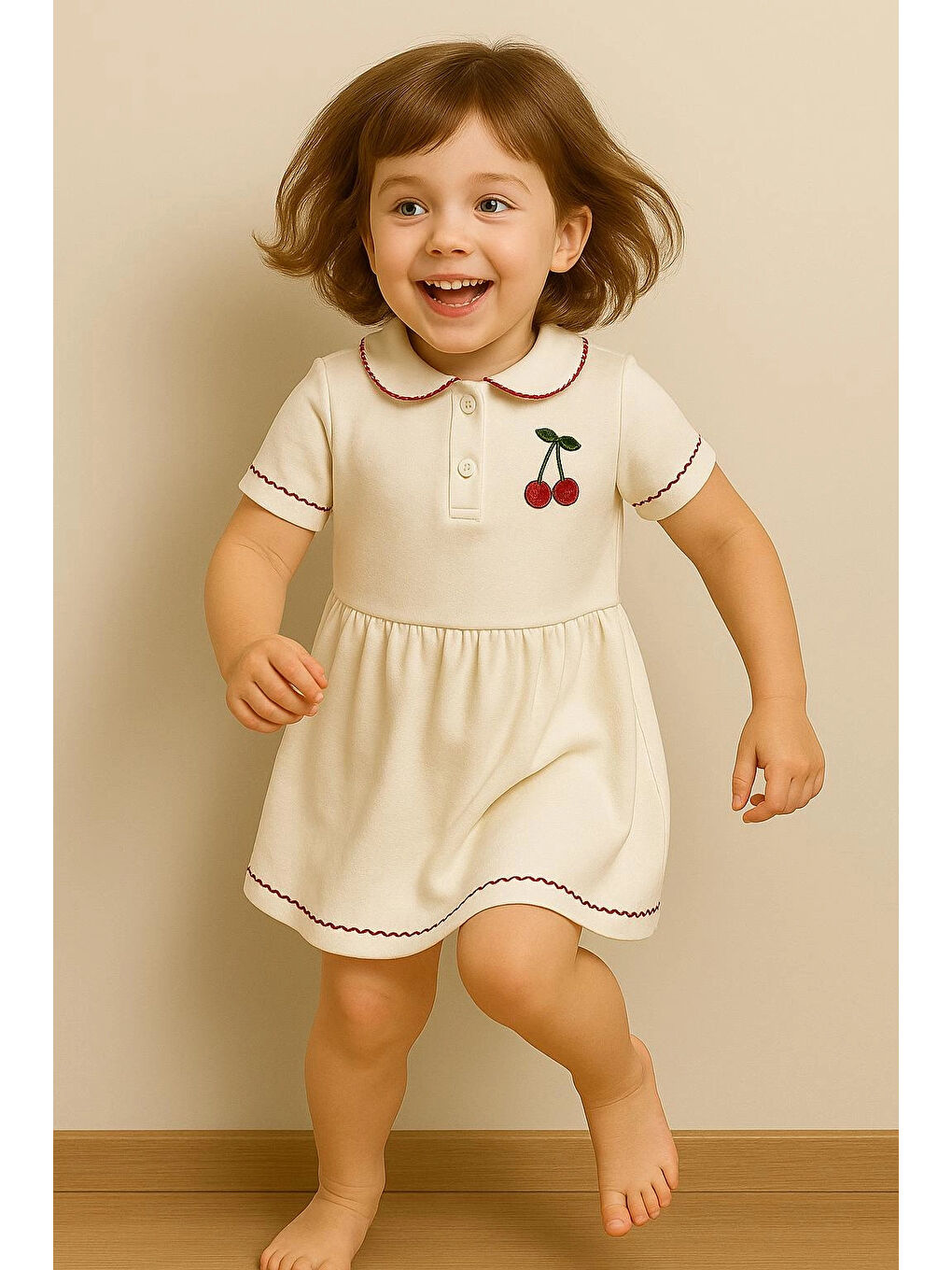 Ekru Kiraz Nakışlı Bebe Yakalı Kız Çocuk Elbise 50975-1