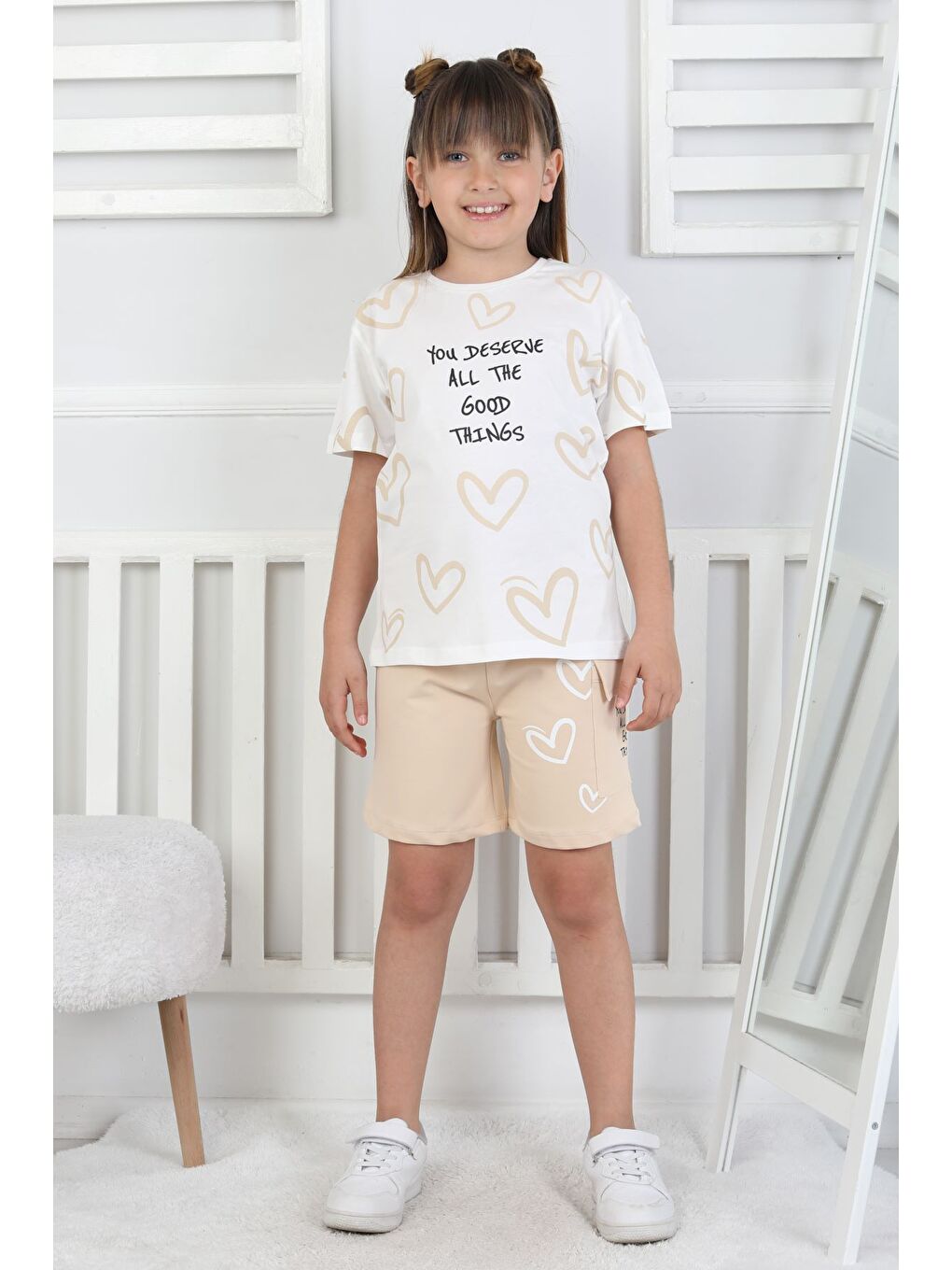 Bej Good Things Kalp Desenli Kız Çocuk Üst Süprem Alt 2 İp Şort Takım-6