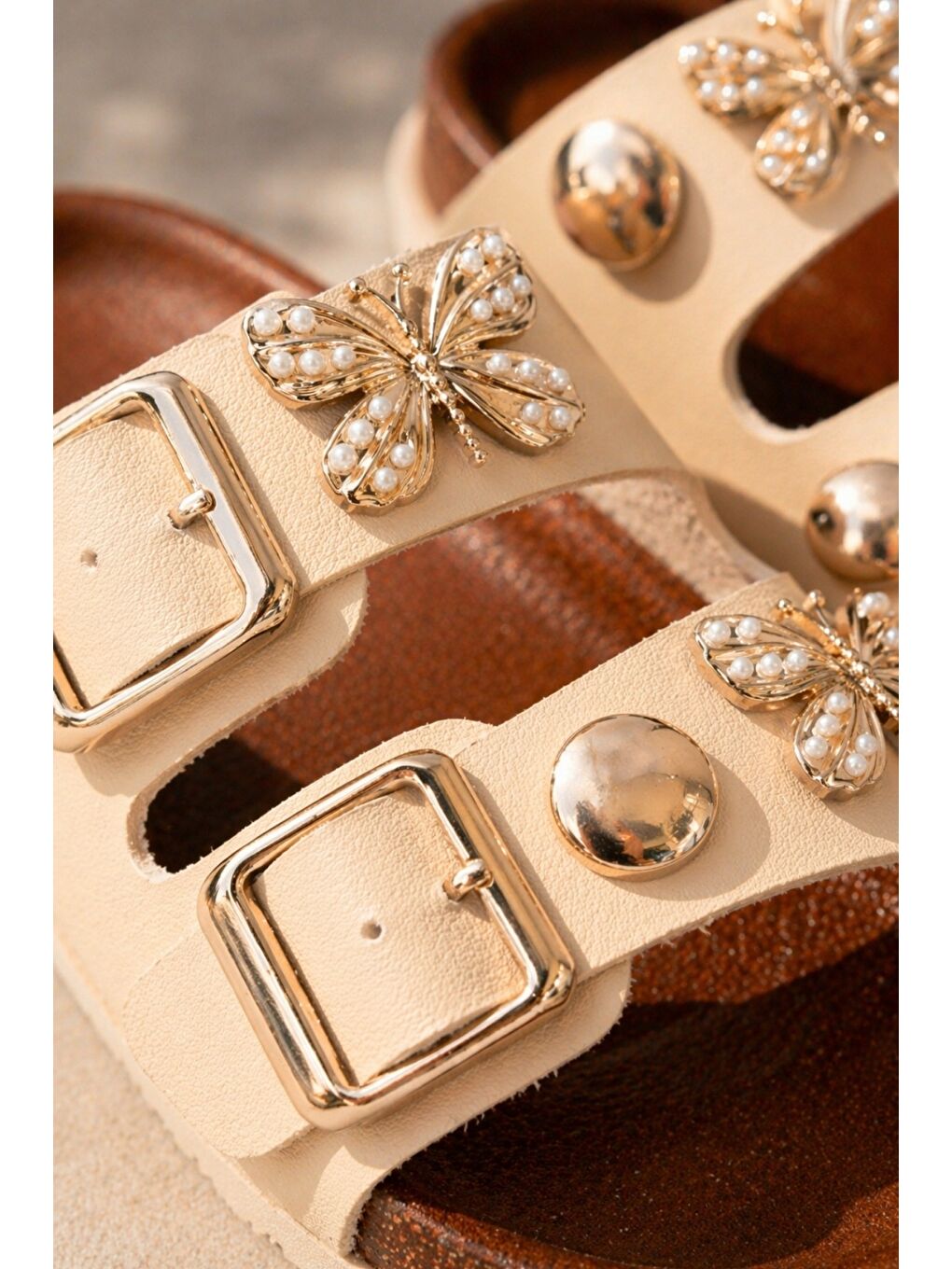 Bej SOLİ Kelebek Aksesuarlı Çift Tokalı Günlük Çocuk Terlik-3