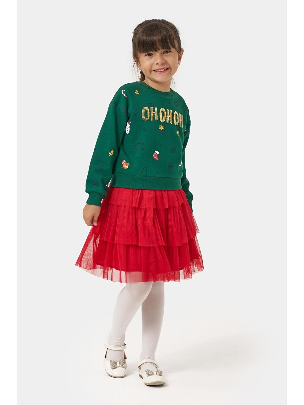 Kız Çocuk Pamuklu Yeşil Sweatshirt Ve Kırmızı Tül Etek Takım - Yılbaşı Konseptli-1