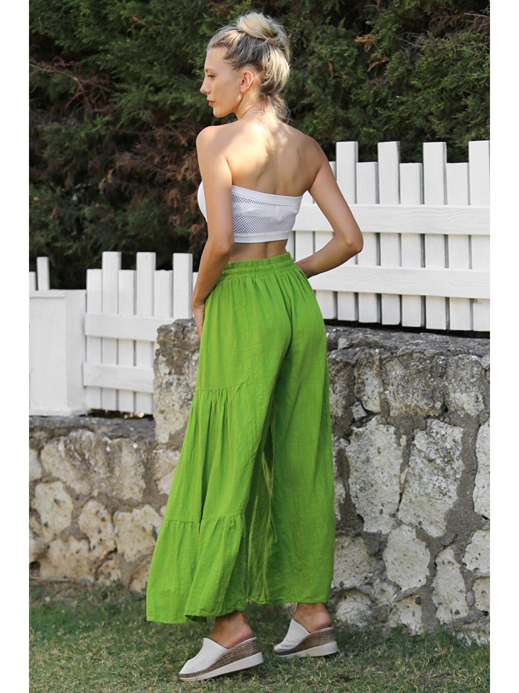 İtalyan Fıstık Yeşili Keten Dokuma Lastikli Ve Bağlamalı Bel İspanyol Paça Casual Pantolon-7