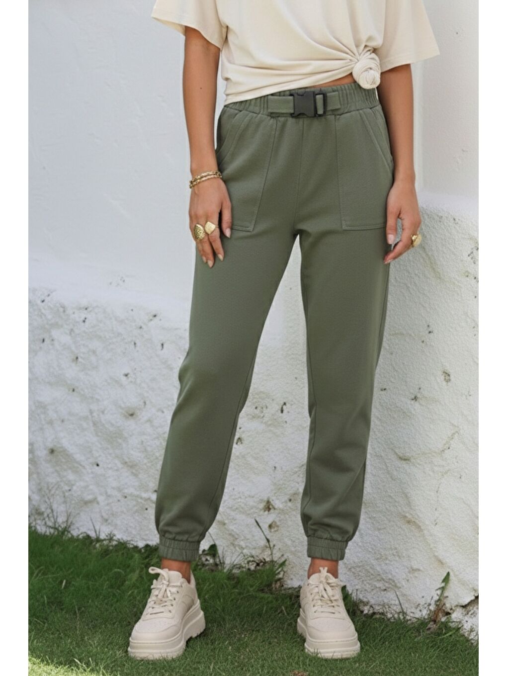 Haki Kemer Tokalı Lastikli Bel Lastikli Paça Casual Gabardin Dokuma Pantolon 100 55