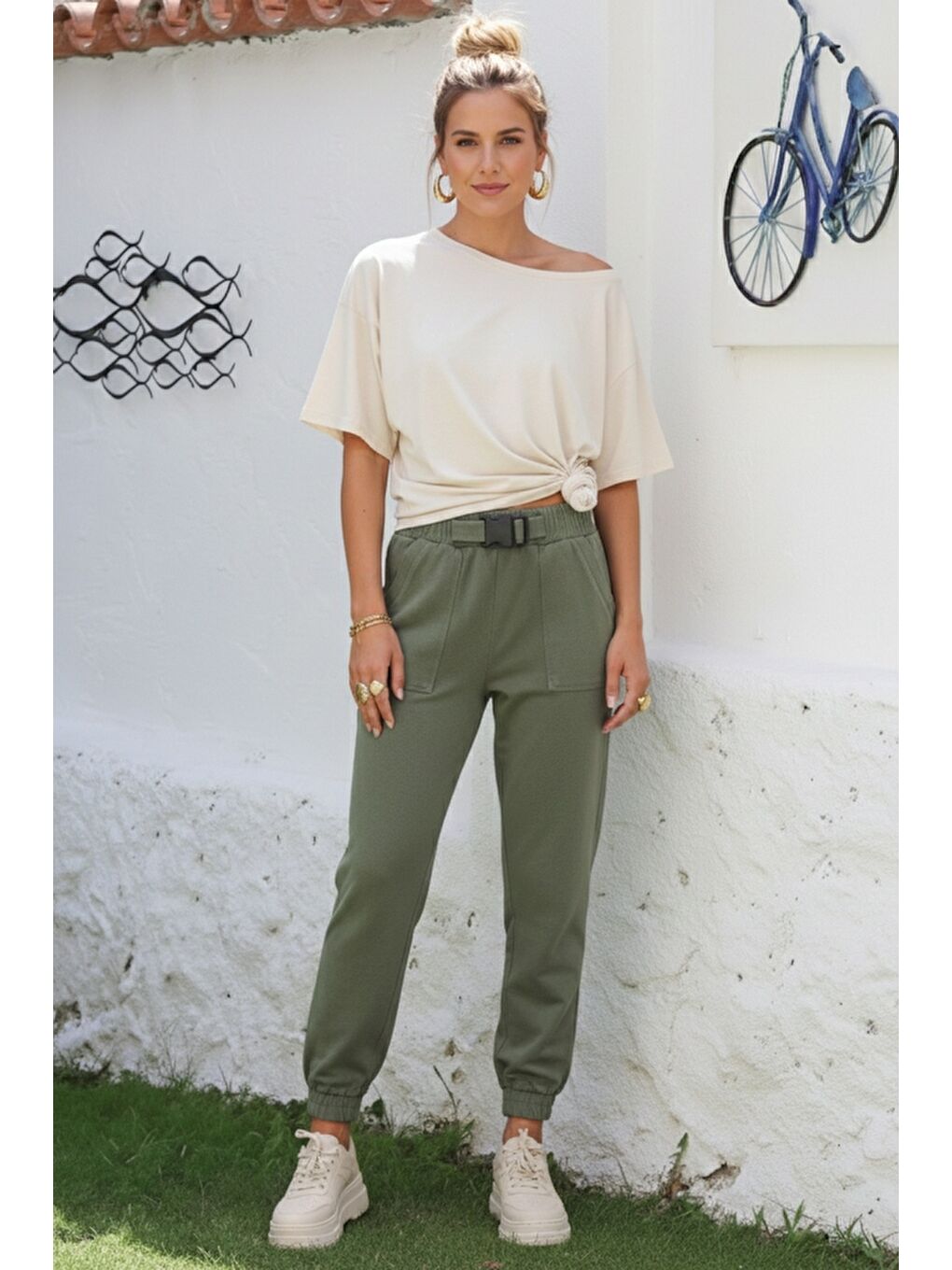 Haki Kemer Tokalı Lastikli Bel Lastikli Paça Casual Gabardin Dokuma Pantolon 100 55-1