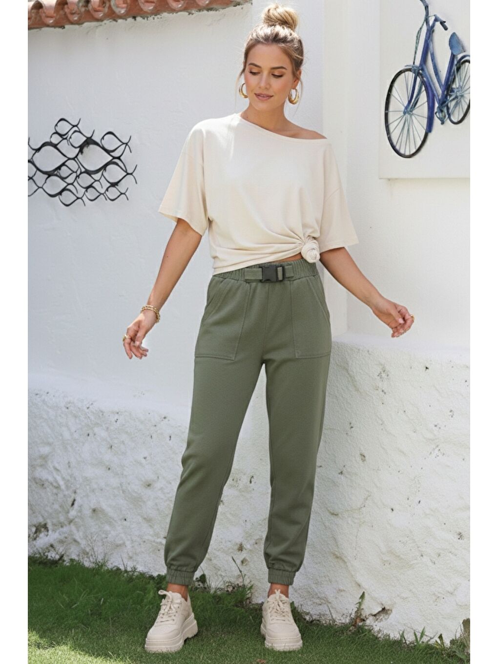 Haki Kemer Tokalı Lastikli Bel Lastikli Paça Casual Gabardin Dokuma Pantolon 100 55-2