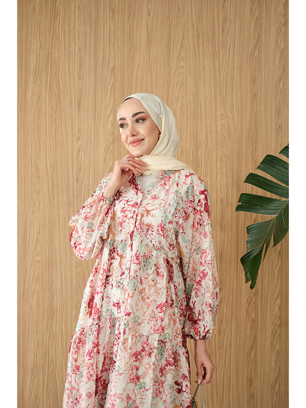 Kadın Vintage Çiçek Desen Elbise Bordo-1