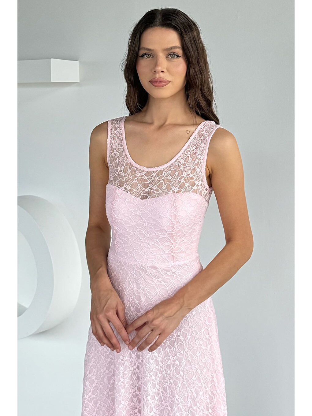 Pembe Kısa Dantelli Abiye Elbise-2