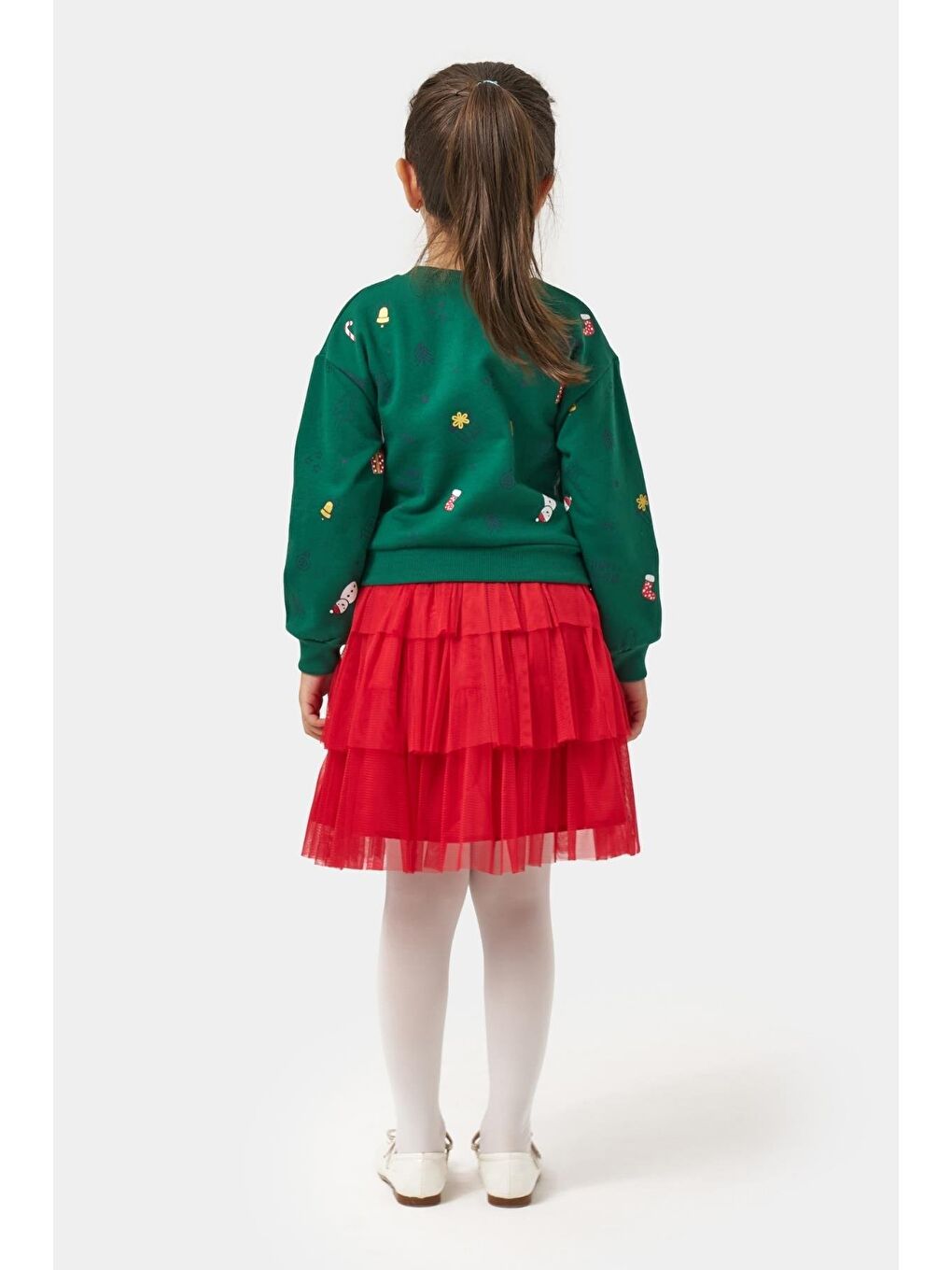 Kız Çocuk Pamuklu Yeşil Sweatshirt Ve Kırmızı Tül Etek Takım - Yılbaşı Konseptli-3