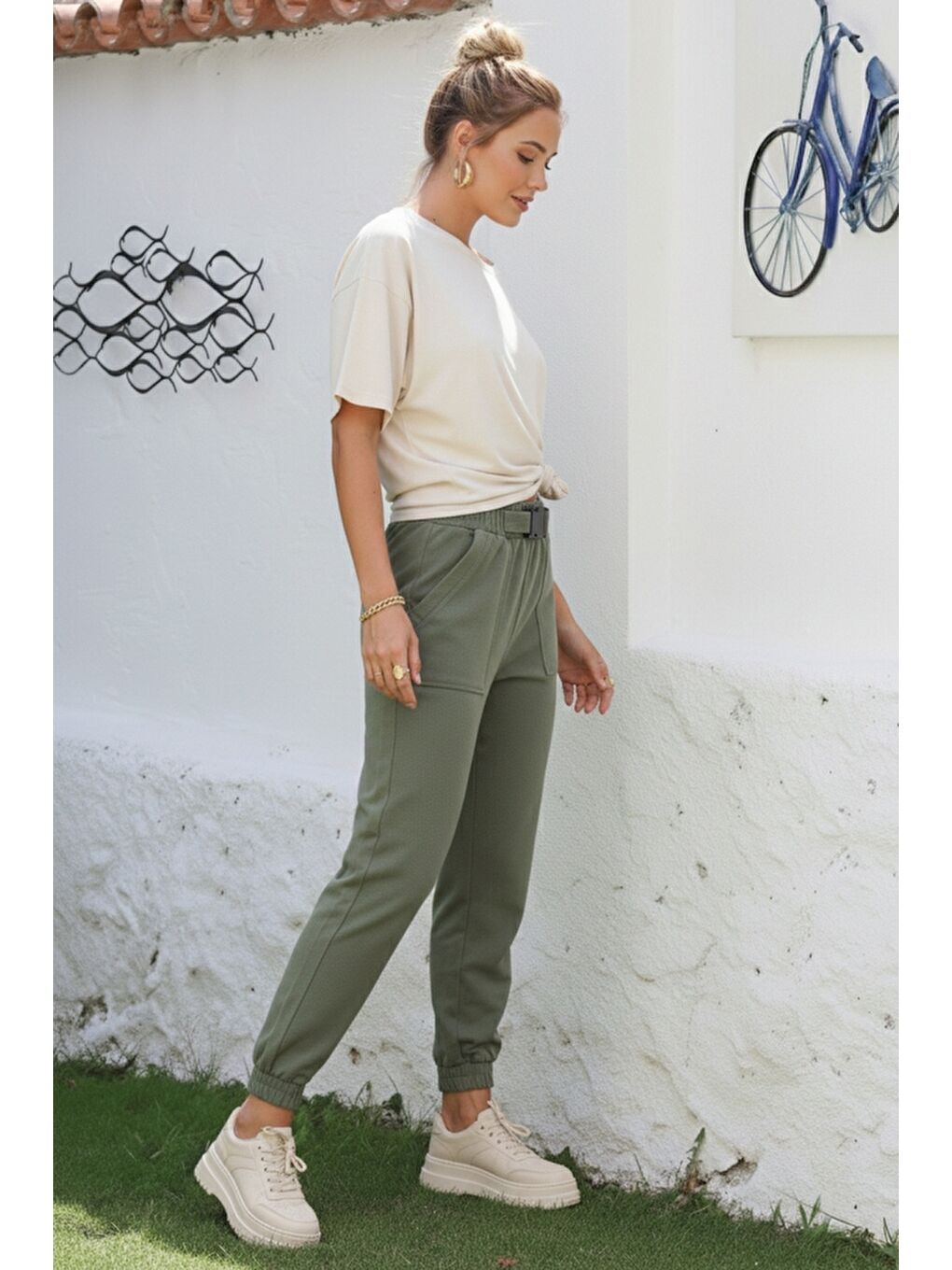 Haki Kemer Tokalı Lastikli Bel Lastikli Paça Casual Gabardin Dokuma Pantolon 100 55-3