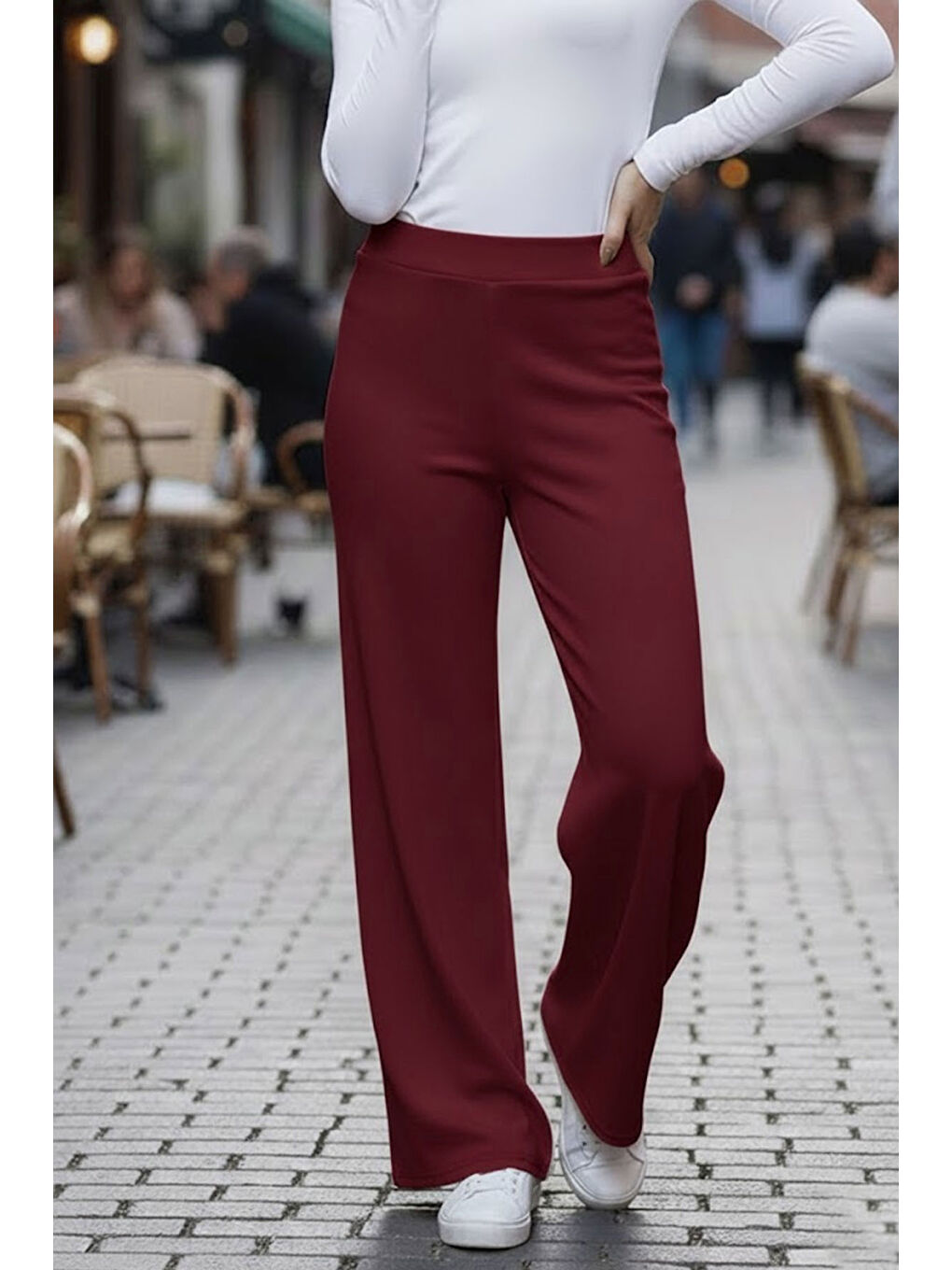 Bordo Modal Bol Paça Yüksek Bel Yumuşak Dokulu Beli Lastikli Elastanlı Pantolon