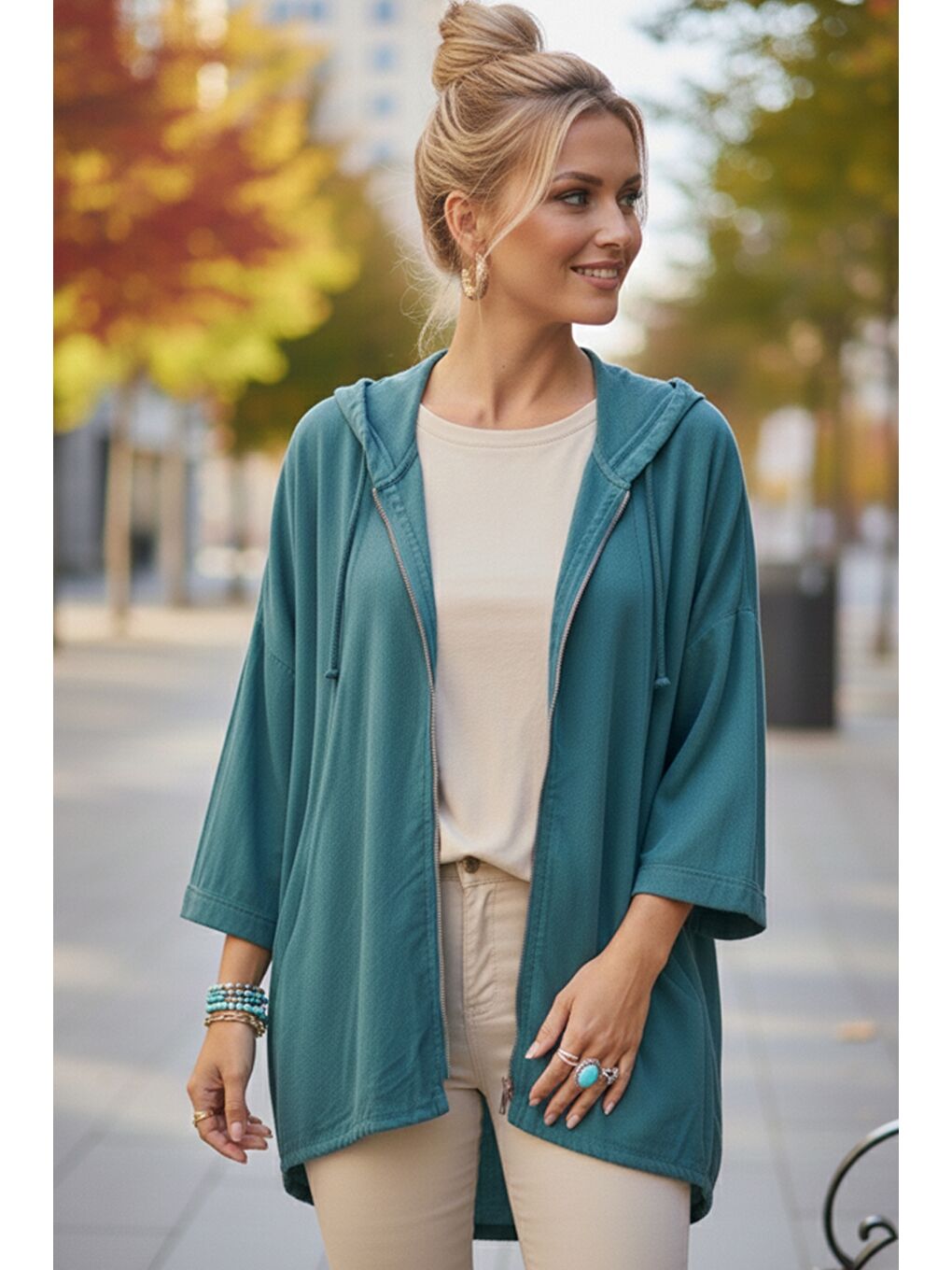 İtalyan Petrol Mavisi Kapüşonlu 3/4 Kol Fermuarlı Cepli Casual Pamuklu Dokuma Ceket 70 70-3