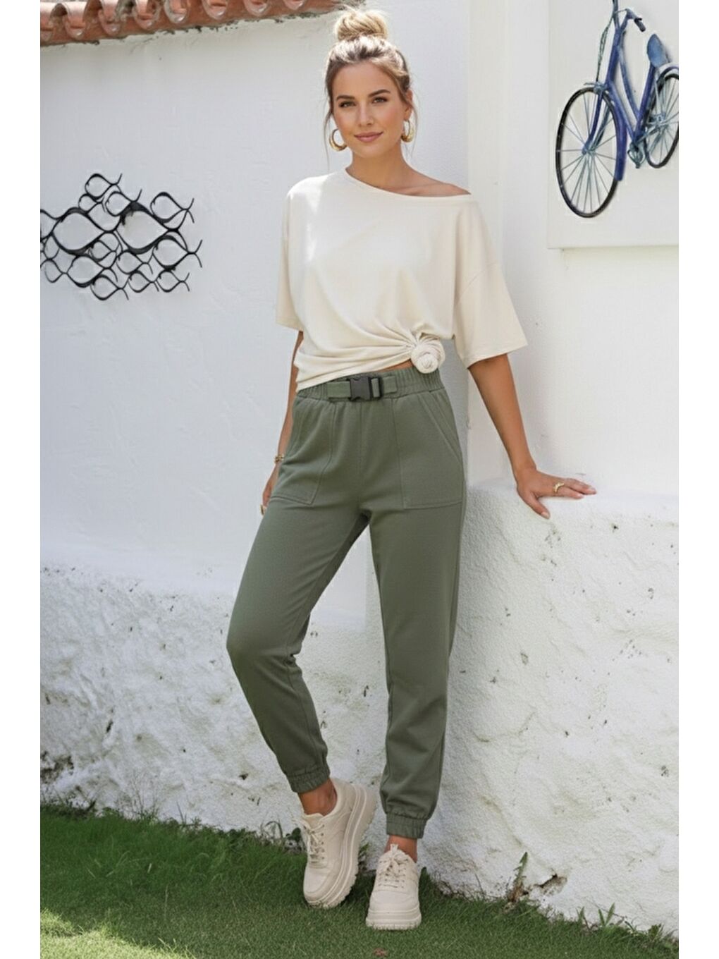 Haki Kemer Tokalı Lastikli Bel Lastikli Paça Casual Gabardin Dokuma Pantolon 100 55-4