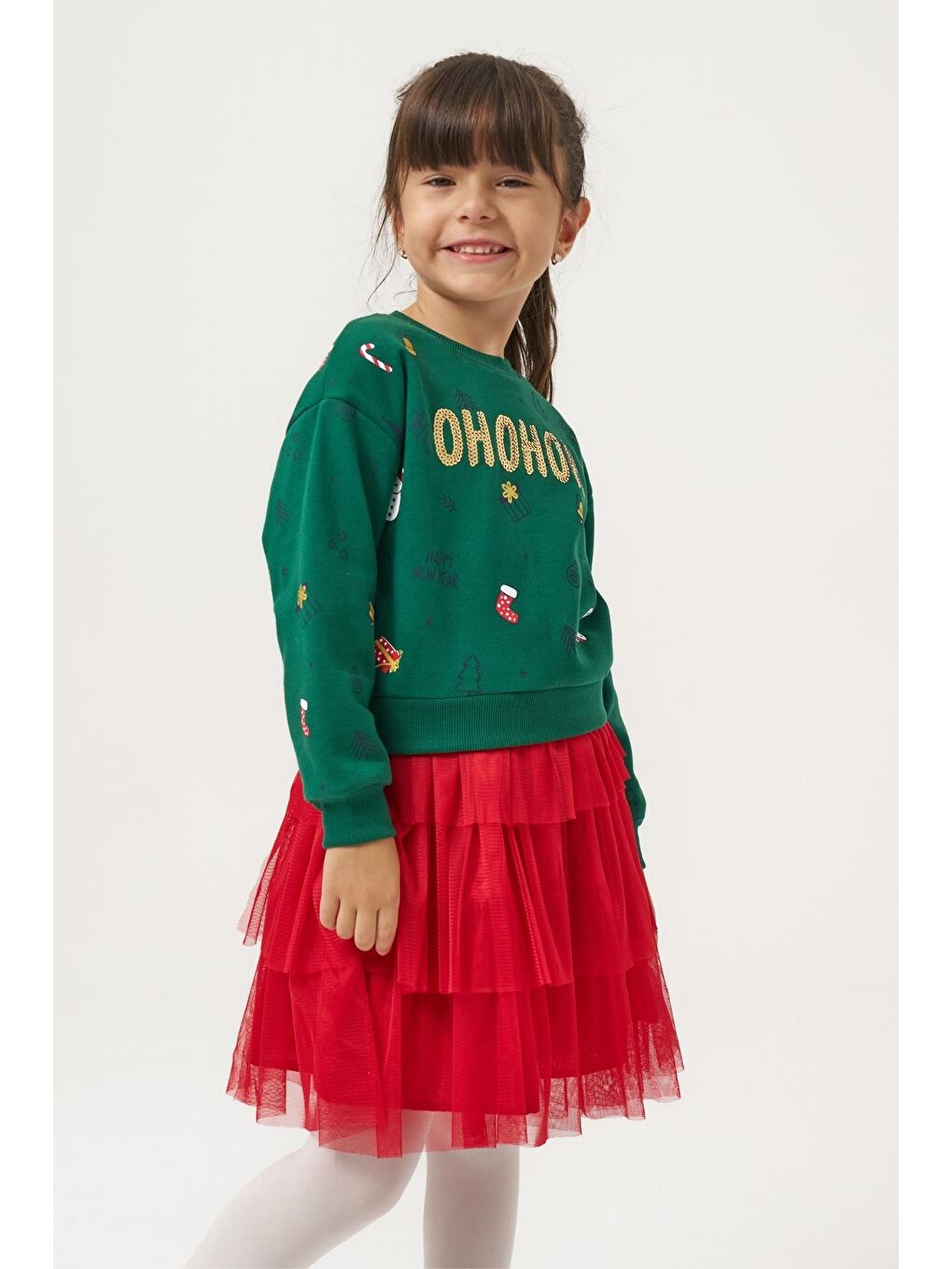 Kız Çocuk Pamuklu Yeşil Sweatshirt Ve Kırmızı Tül Etek Takım - Yılbaşı Konseptli-4