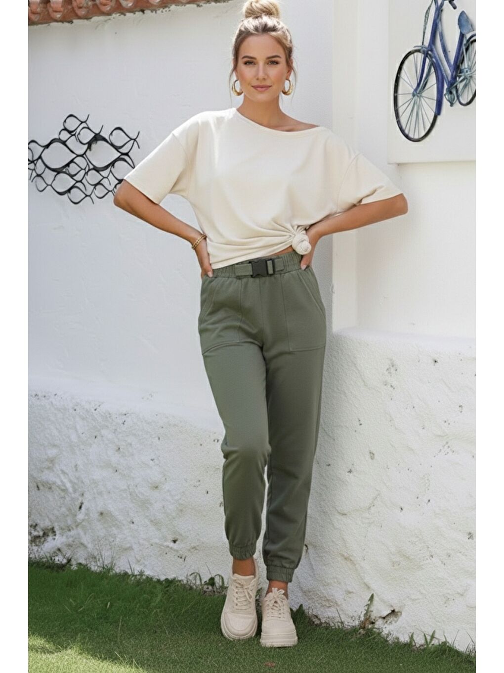 Haki Kemer Tokalı Lastikli Bel Lastikli Paça Casual Gabardin Dokuma Pantolon 100 55-5