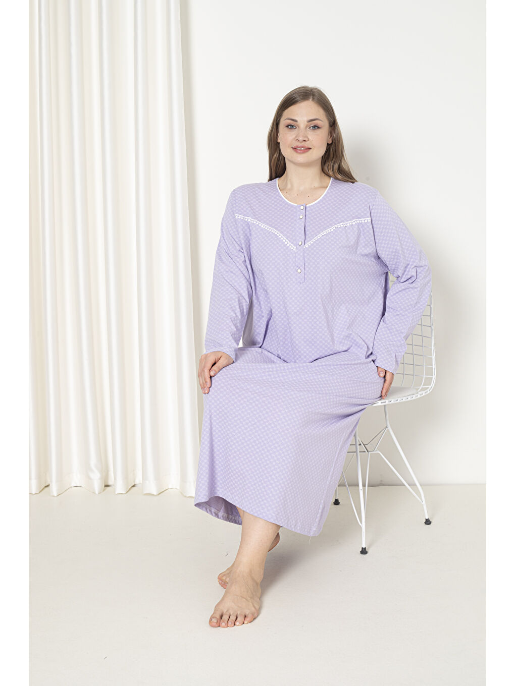 Lila %100 Pamuklu Penye Uzun Kol Büyük Beden Anne Geceliği 052-2