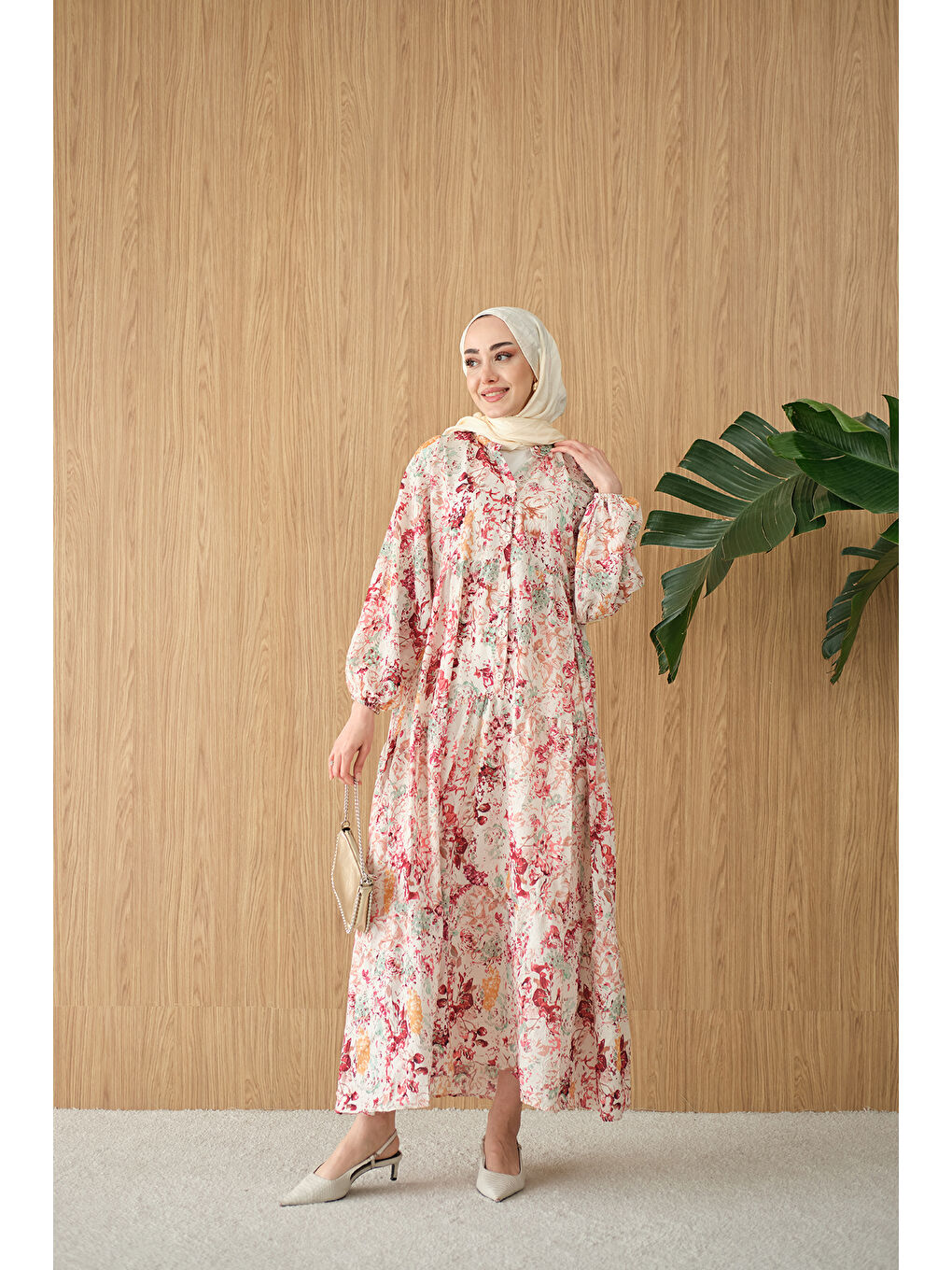 Kadın Vintage Çiçek Desen Elbise Bordo-2