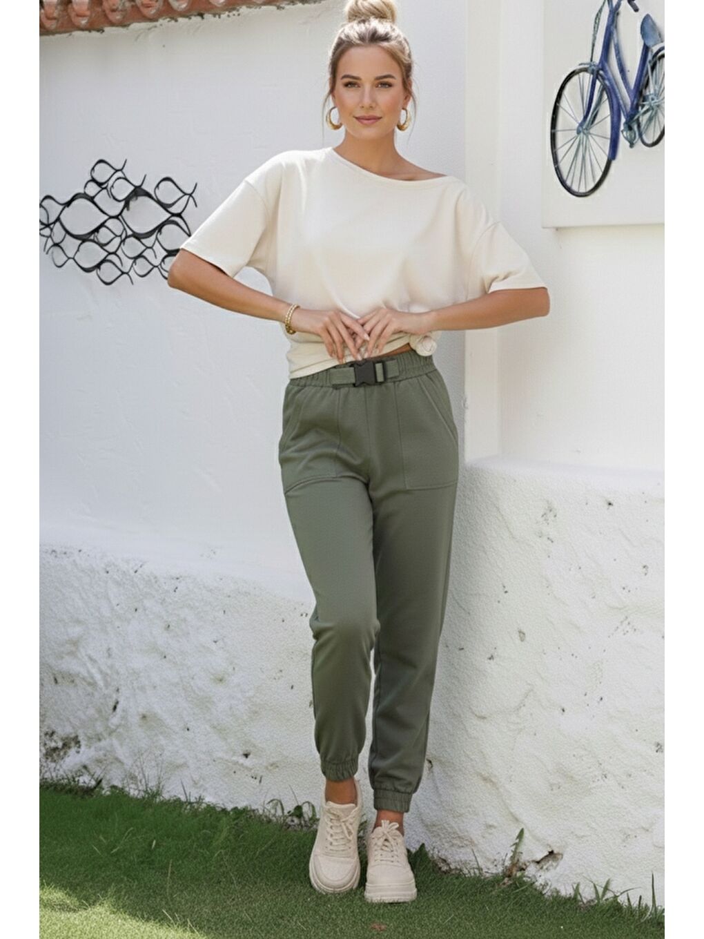 Haki Kemer Tokalı Lastikli Bel Lastikli Paça Casual Gabardin Dokuma Pantolon 100 55-6