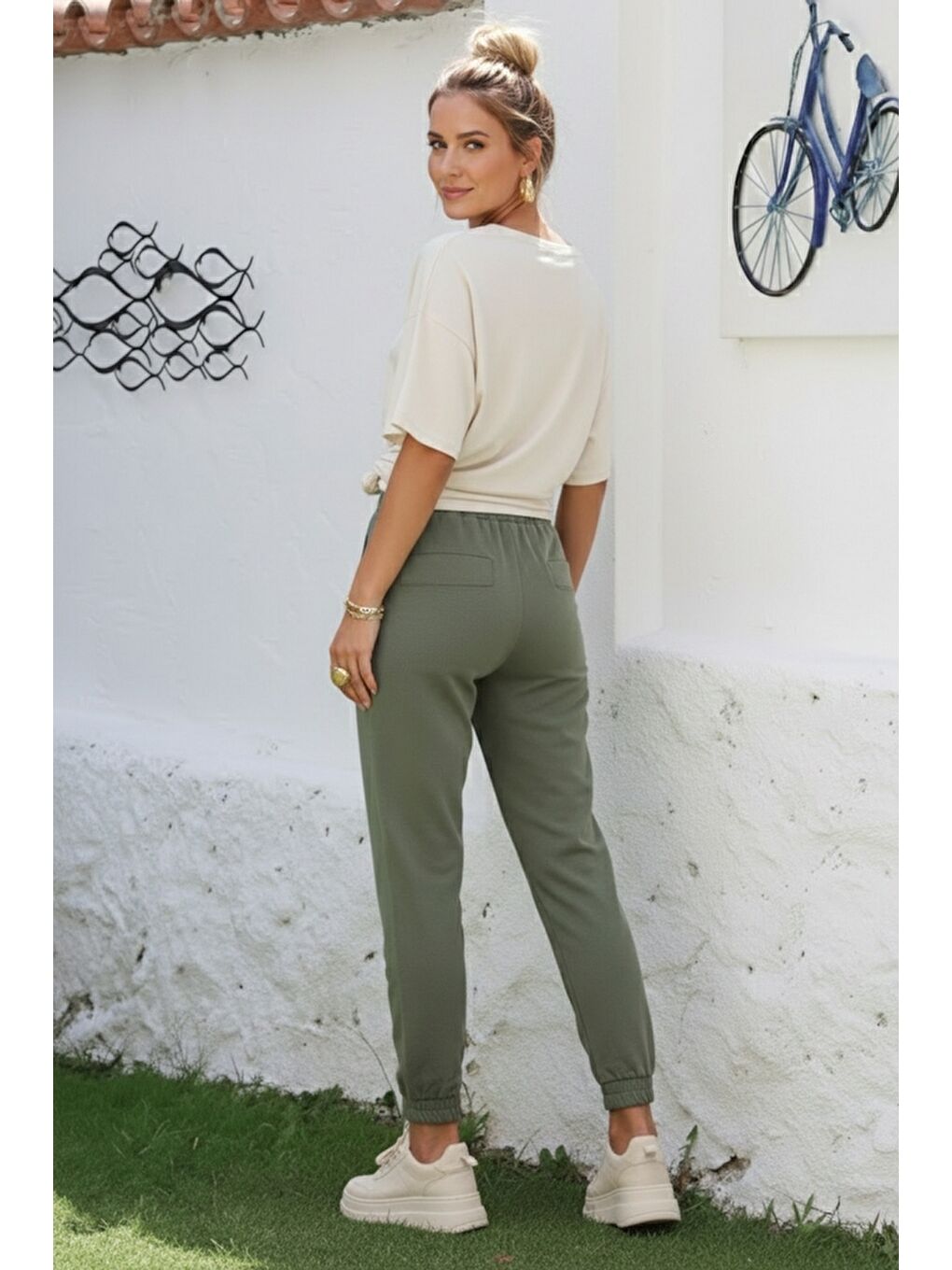 Haki Kemer Tokalı Lastikli Bel Lastikli Paça Casual Gabardin Dokuma Pantolon 100 55-7