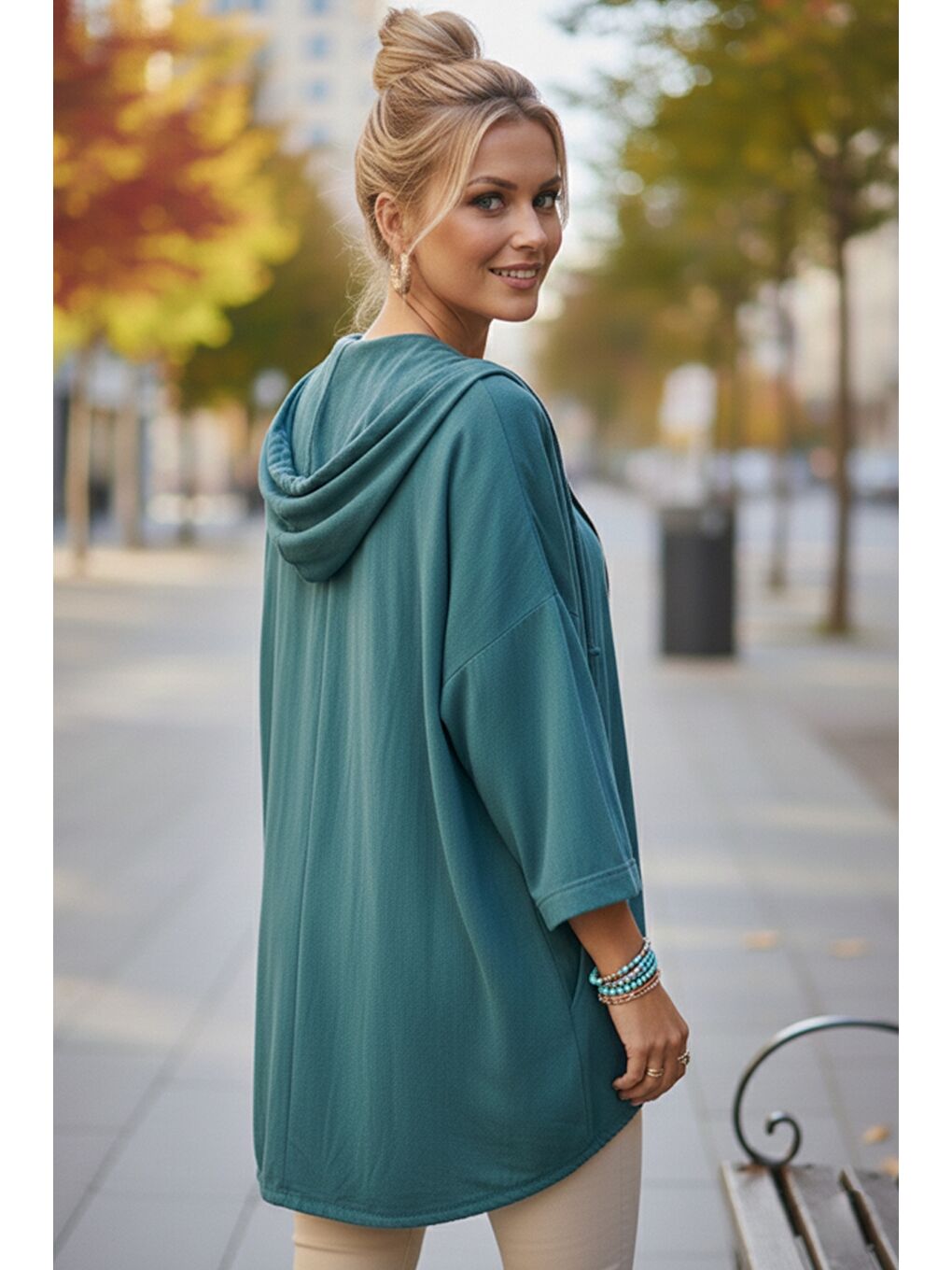 İtalyan Petrol Mavisi Kapüşonlu 3/4 Kol Fermuarlı Cepli Casual Pamuklu Dokuma Ceket 70 70-4