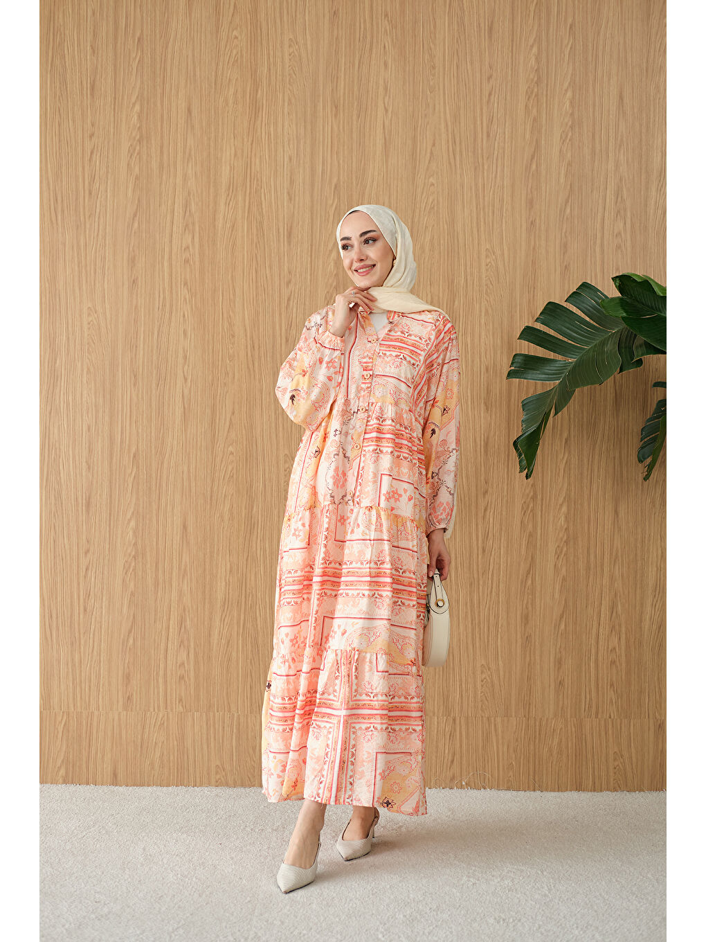 Kadın Etnik Bohem Desen Elbise Turuncu