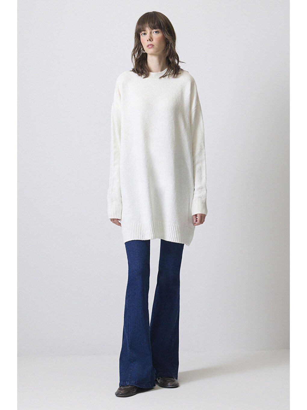 Ekru Düz Renk Triko Kazak-2