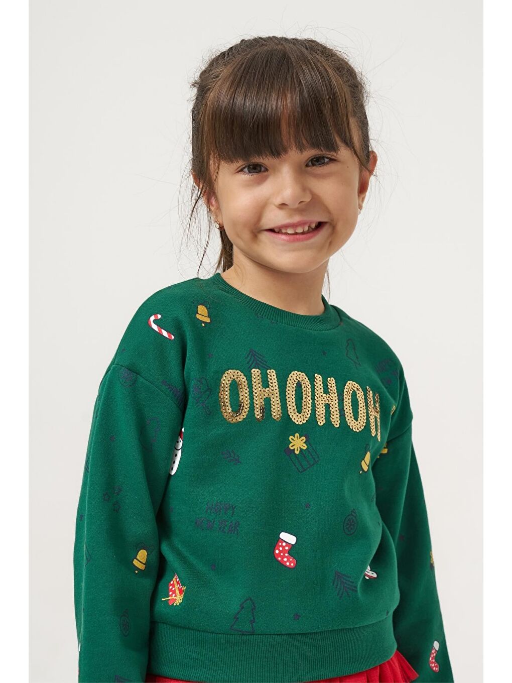 Kız Çocuk Pamuklu Yeşil Sweatshirt Ve Kırmızı Tül Etek Takım - Yılbaşı Konseptli-6