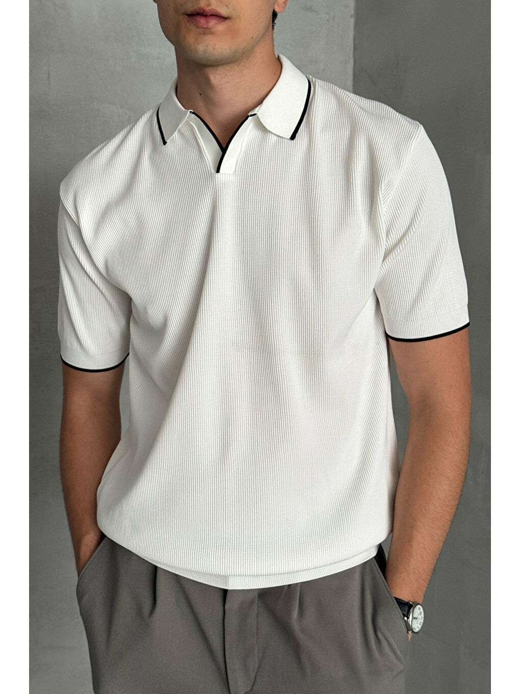 Beyaz Erkek Oversize Selanik Polo Yaka Triko T-Shirt