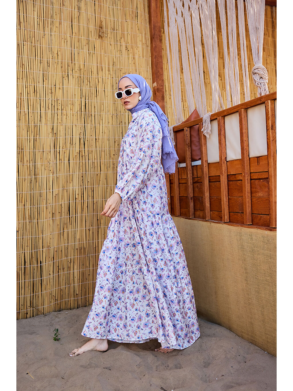 Kadın Sulu Boya Çiçek Desen Elbise Lila-1