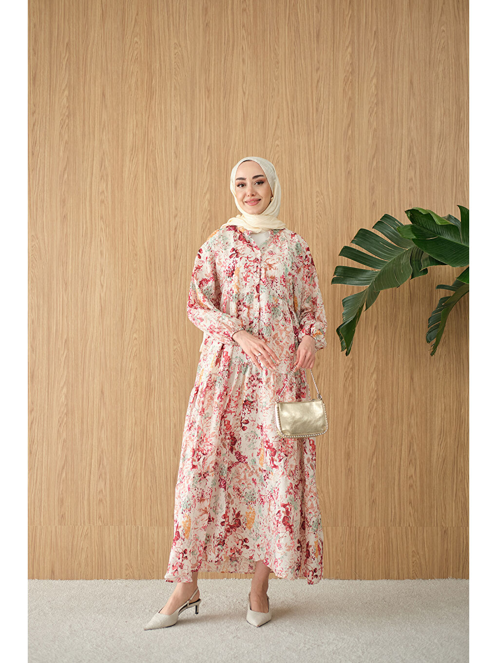 Kadın Vintage Çiçek Desen Elbise Bordo-3