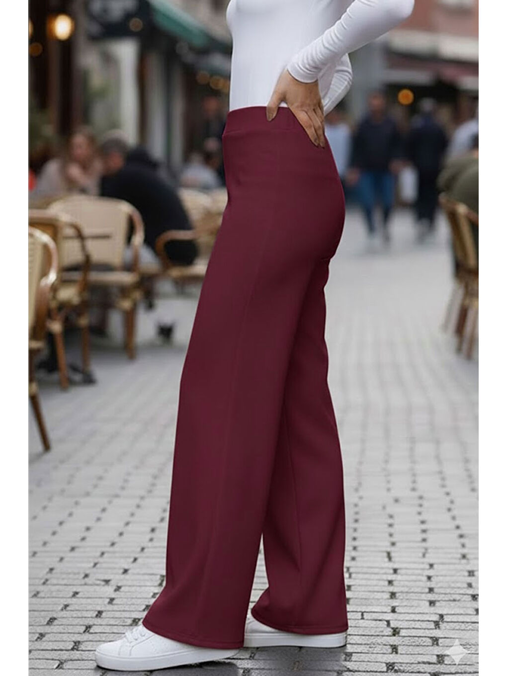 Bordo Modal Bol Paça Yüksek Bel Yumuşak Dokulu Beli Lastikli Elastanlı Pantolon-1