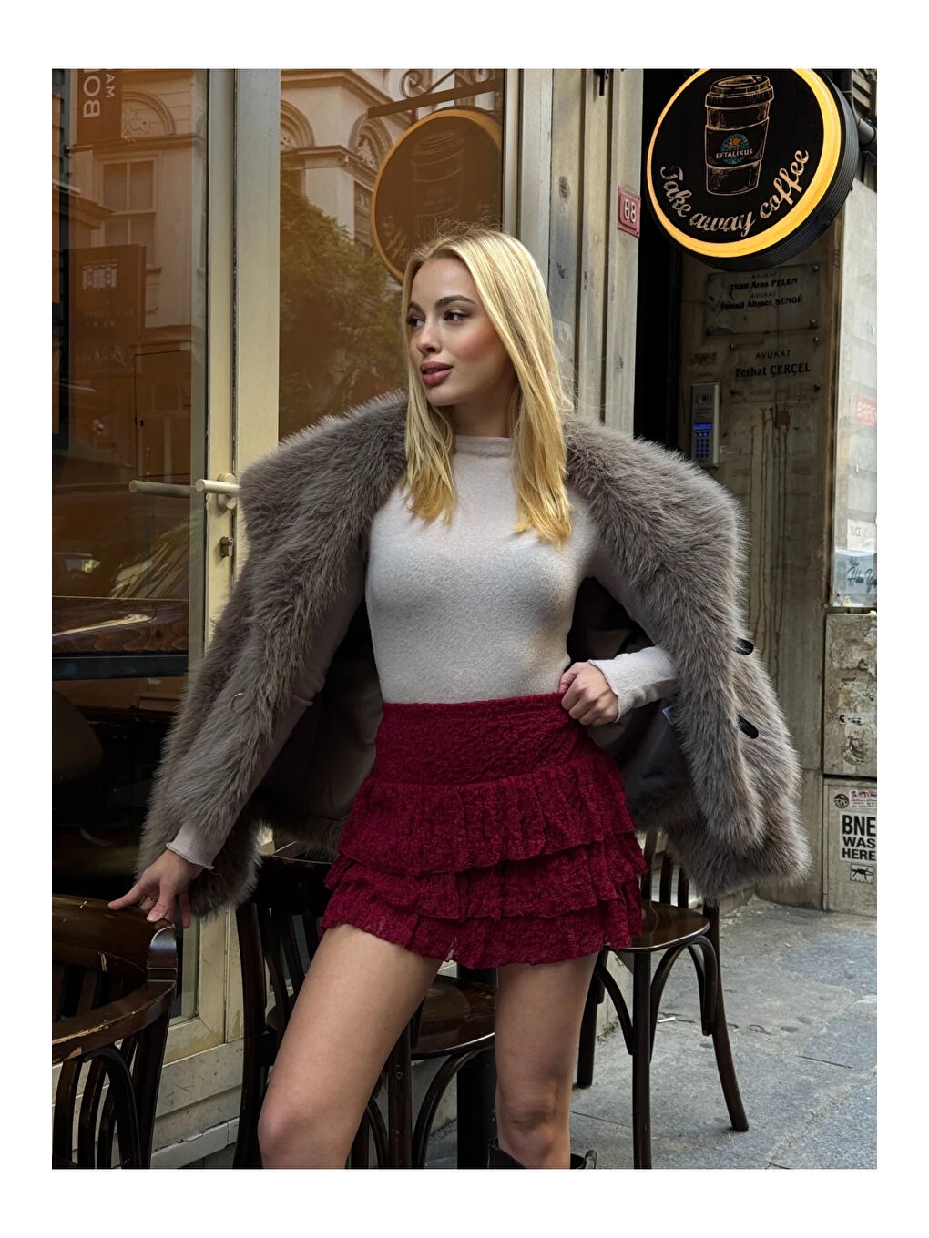 Kadın Bordo Katlı Dantelli Astarlı Mini Etek HZL25W-ZK13481-1