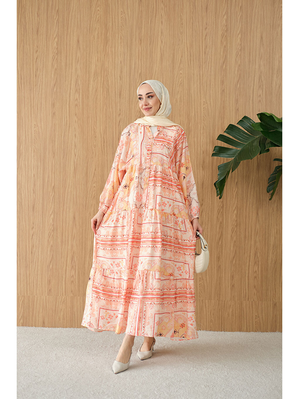 Kadın Etnik Bohem Desen Elbise Turuncu-1
