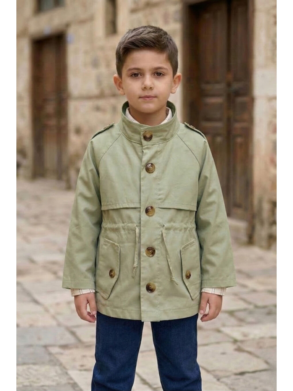Haki Erkek Çocuk Keten Trençkotlu Gömlek Tişört Pantolonlu Takım TKM7588-2