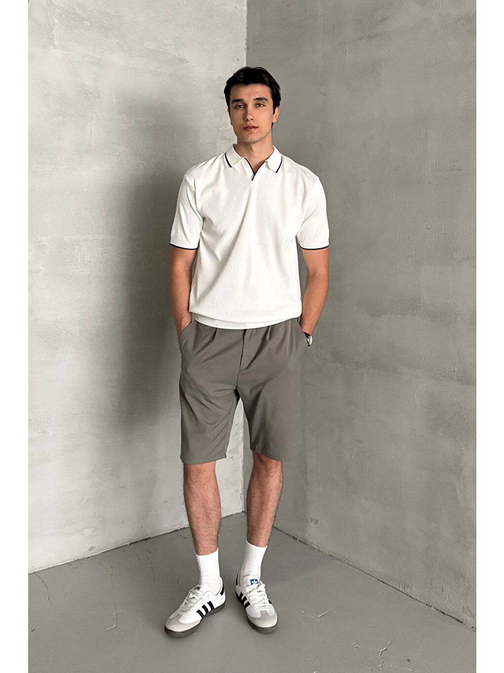 Beyaz Erkek Oversize Selanik Polo Yaka Triko T-Shirt-2