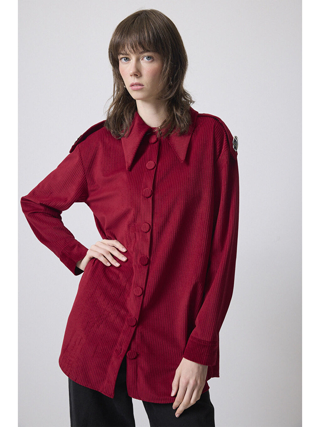 Bordo Apolet Detaylı Fitilli Kadife Gömlek-1