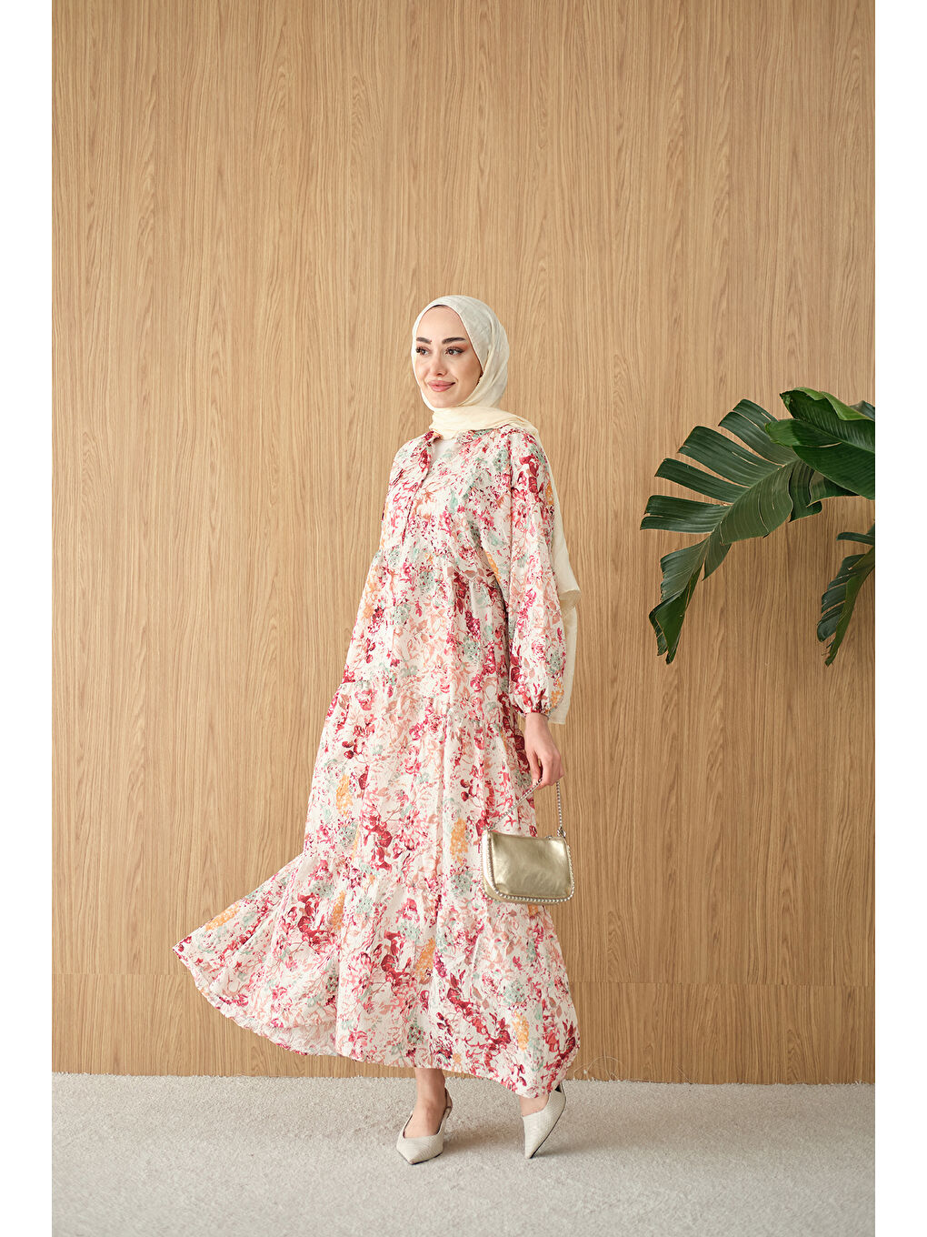 Kadın Vintage Çiçek Desen Elbise Bordo-4