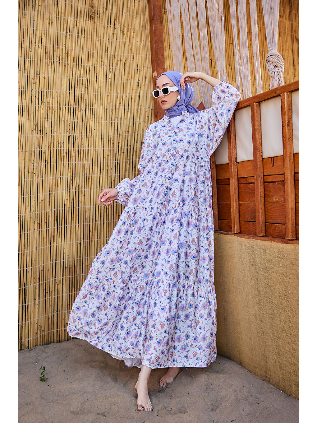 Kadın Sulu Boya Çiçek Desen Elbise Lila-2