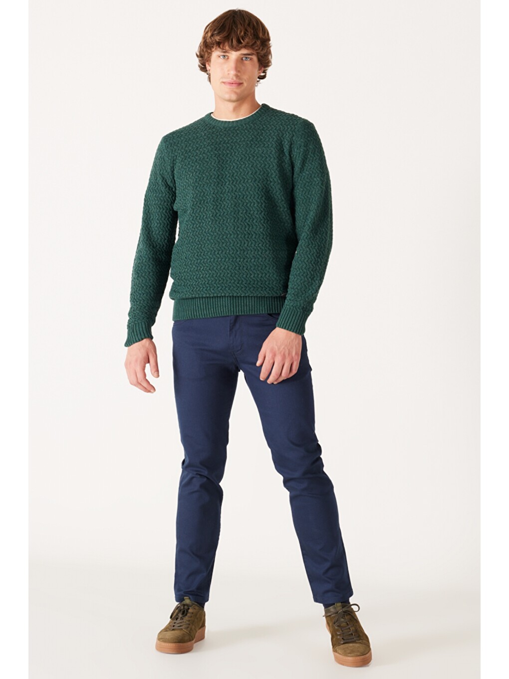 Regular Fit Bisiklet Yaka Yeşil Triko Kazak-4