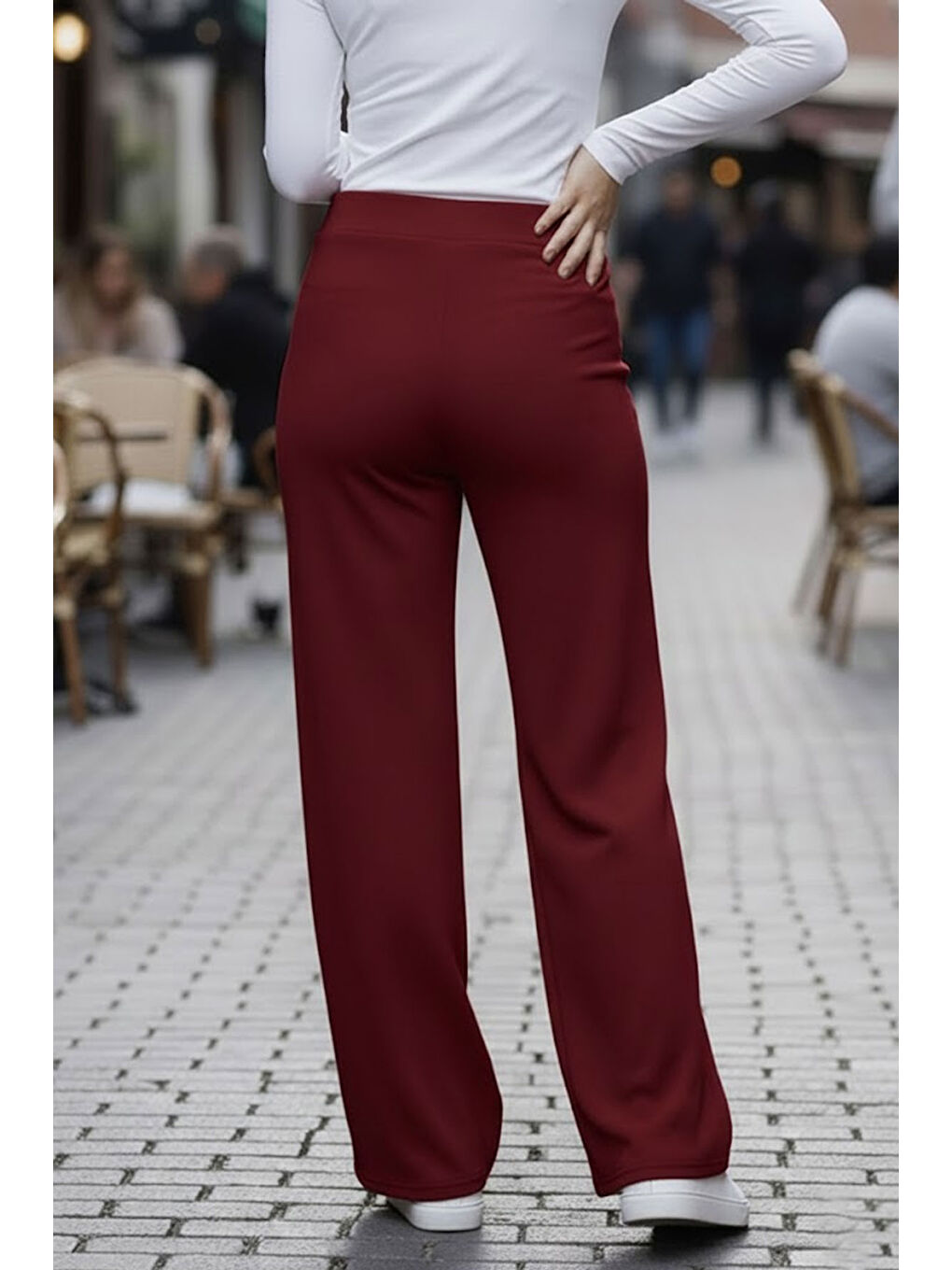 Bordo Modal Bol Paça Yüksek Bel Yumuşak Dokulu Beli Lastikli Elastanlı Pantolon-2