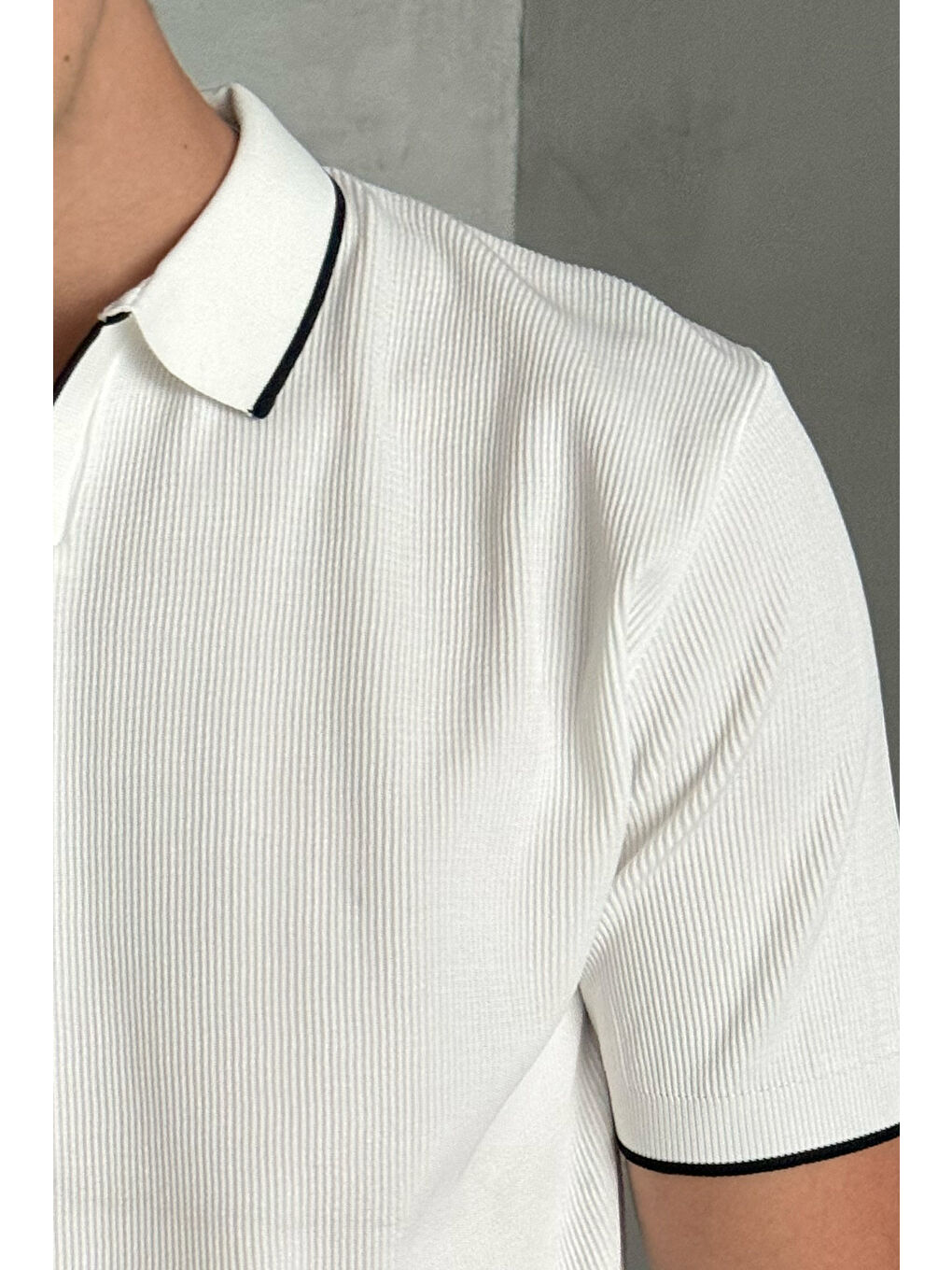 Beyaz Erkek Oversize Selanik Polo Yaka Triko T-Shirt-4