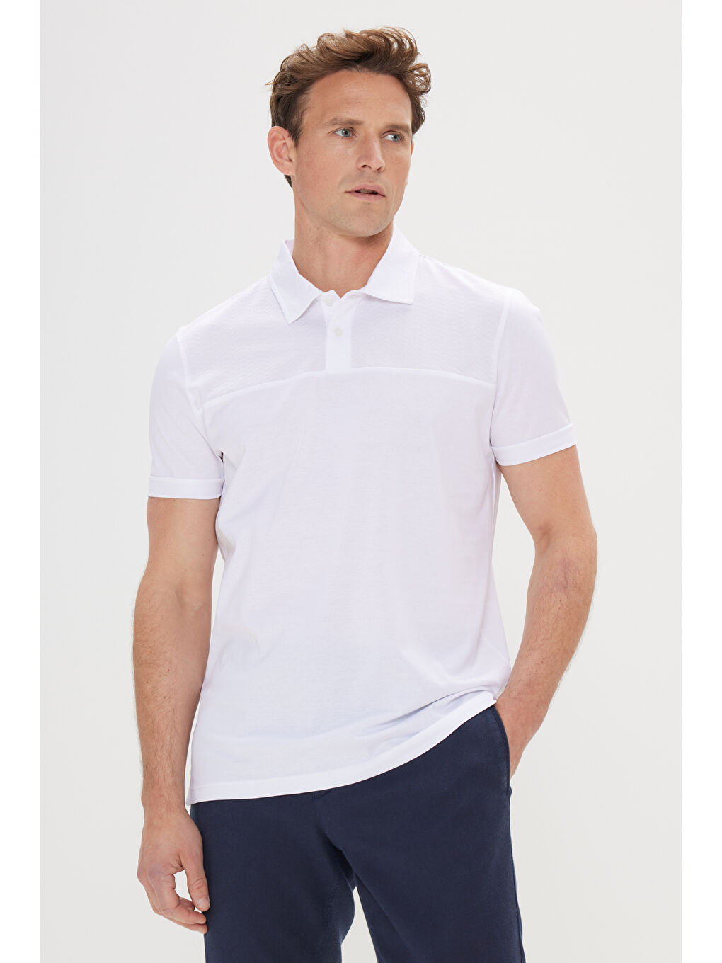 Erkek Beyaz Slim Fit Dar Kesim %100 Pamuk Polo Yaka Tişört-2