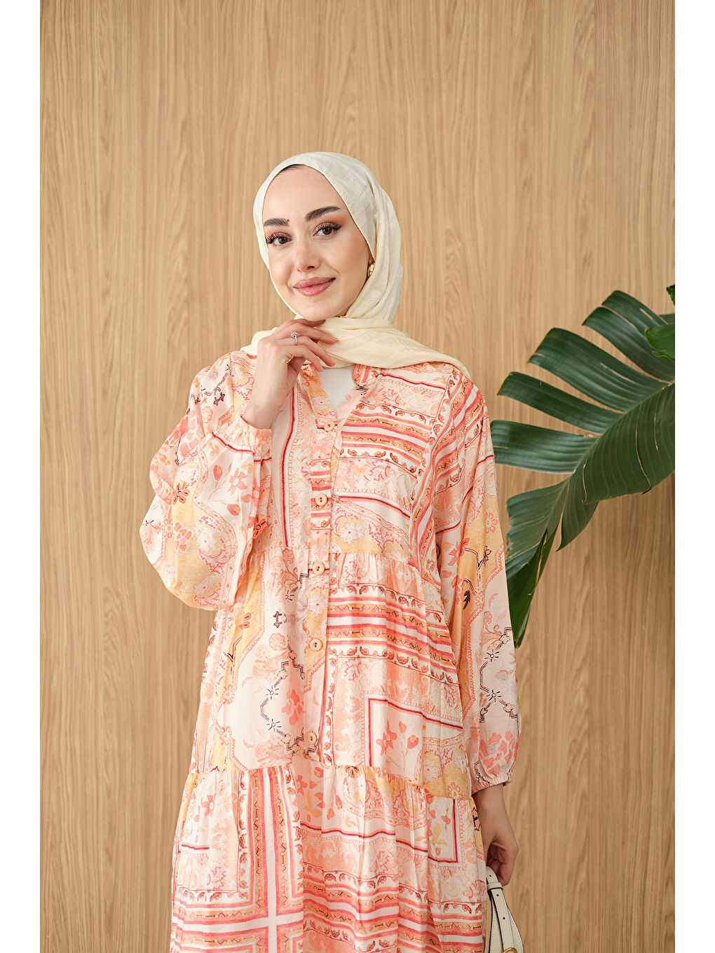 Kadın Etnik Bohem Desen Elbise Turuncu-2