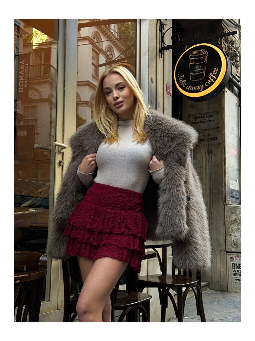 Kadın Bordo Katlı Dantelli Astarlı Mini Etek HZL25W-ZK13481-2