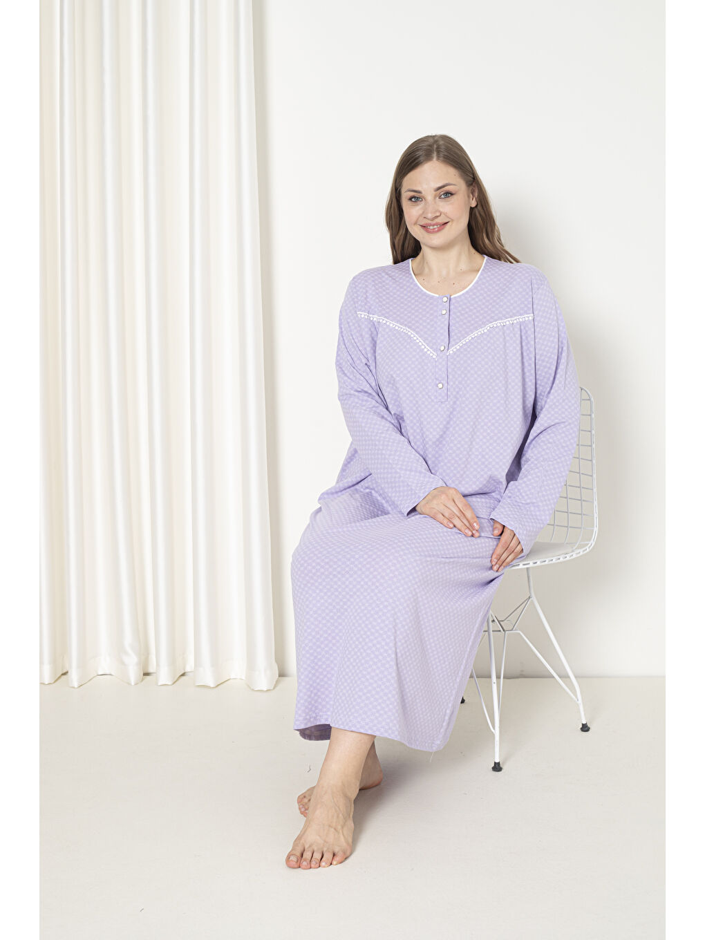 Lila %100 Pamuklu Penye Uzun Kol Büyük Beden Anne Geceliği 052-3