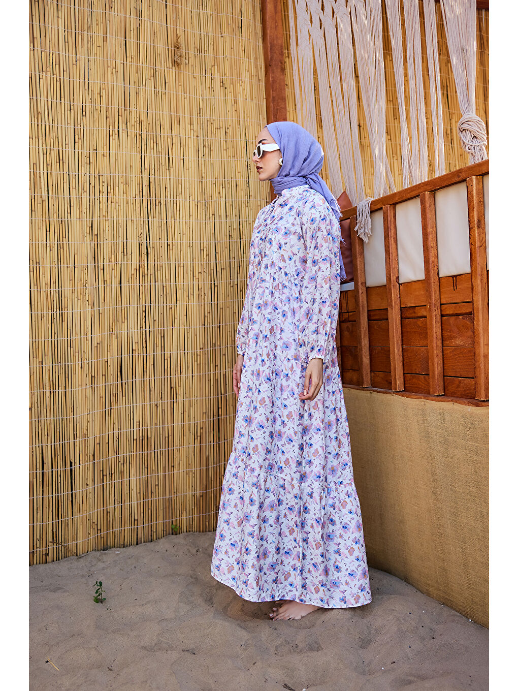 Kadın Sulu Boya Çiçek Desen Elbise Lila-3